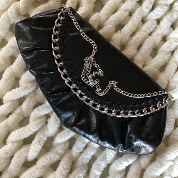 Black Faux Leather Handbag with Chain Strap - Picture 2 of 5